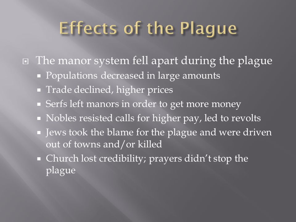  The manor system fell apart during the plague  Populations decreased in large amounts  Trade declined, higher prices  Serfs left manors in order to get more money  Nobles resisted calls for higher pay, led to revolts  Jews took the blame for the plague and were driven out of towns and/or killed  Church lost credibility; prayers didn’t stop the plague