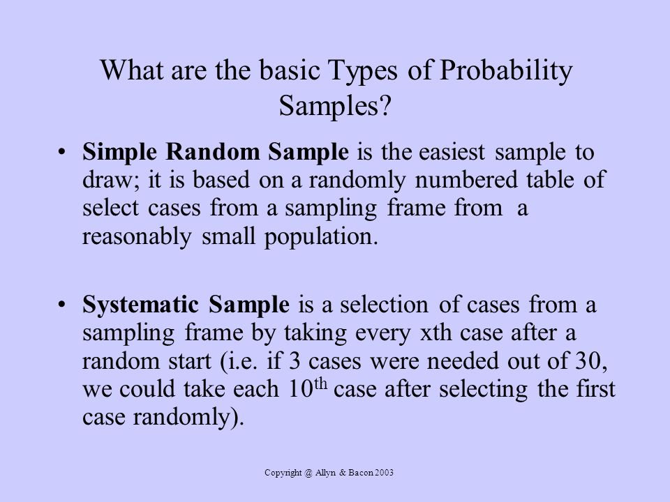 Allyn & Bacon 2003 What are the basic Types of Probability Samples.