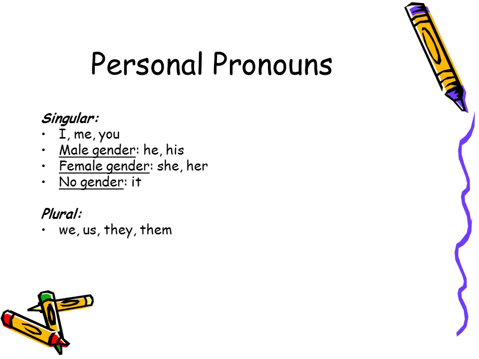 Personal Pronouns Singular: I, me, you Male gender: he, his Female gender: she, her No gender: it Plural: we, us, they, them