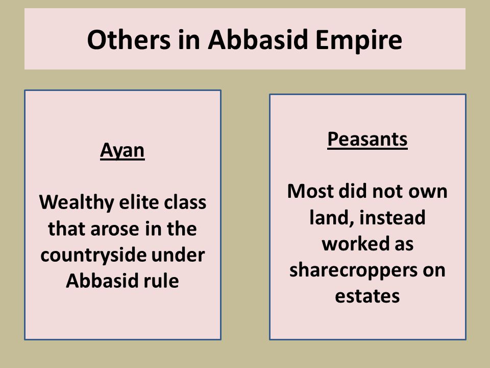 Others in Abbasid Empire Ayan Wealthy elite class that arose in the countryside under Abbasid rule Peasants Most did not own land, instead worked as sharecroppers on estates
