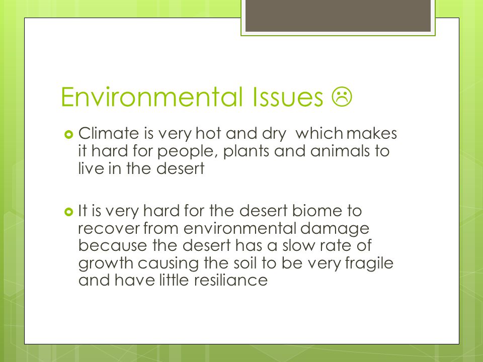 Environmental Issues   Climate is very hot and dry which makes it hard for people, plants and animals to live in the desert  It is very hard for the desert biome to recover from environmental damage because the desert has a slow rate of growth causing the soil to be very fragile and have little resiliance