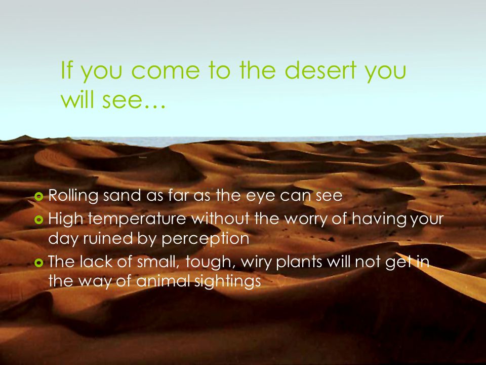 If you come to the desert you will see…  Rolling sand as far as the eye can see  High temperature without the worry of having your day ruined by perception  The lack of small, tough, wiry plants will not get in the way of animal sightings