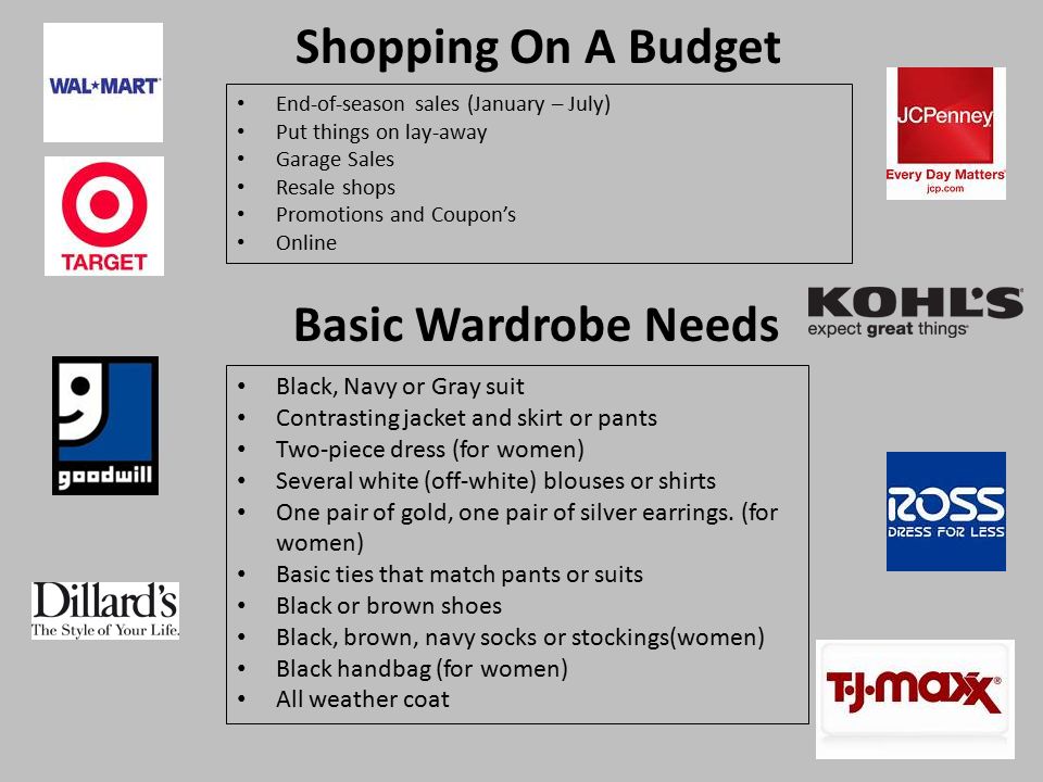 Shopping On A Budget End-of-season sales (January – July) Put things on lay-away Garage Sales Resale shops Promotions and Coupon’s Online Basic Wardrobe Needs Black, Navy or Gray suit Contrasting jacket and skirt or pants Two-piece dress (for women) Several white (off-white) blouses or shirts One pair of gold, one pair of silver earrings.