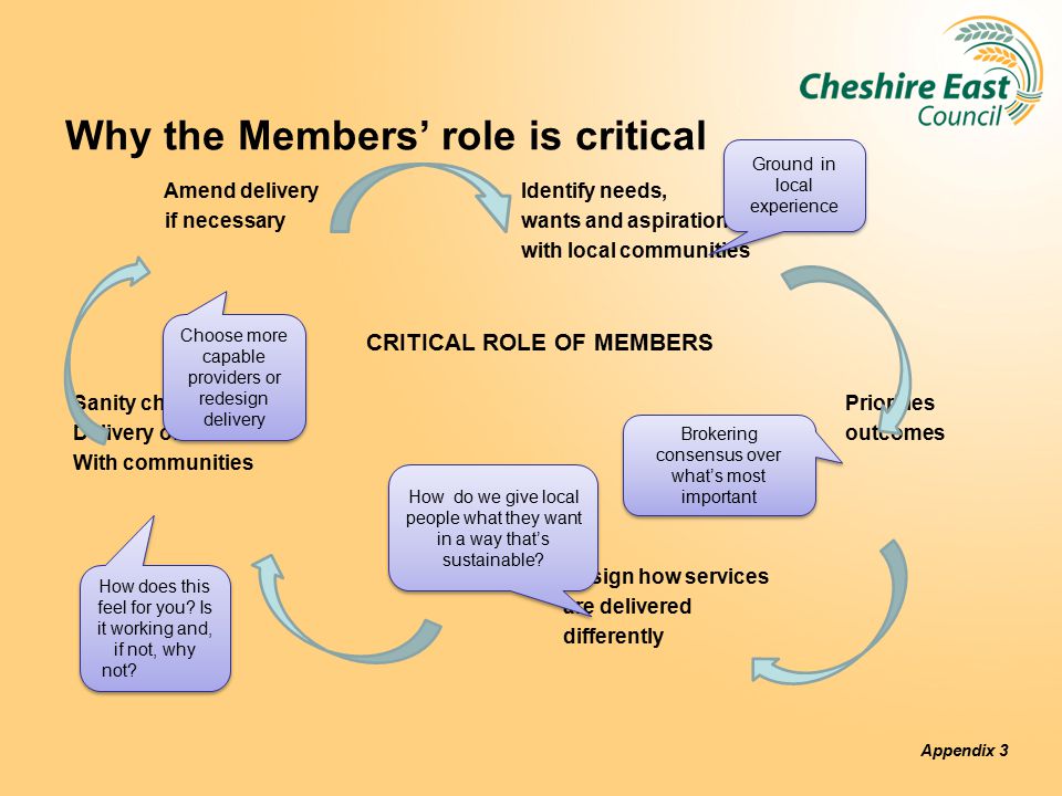 Why the Members’ role is critical Amend delivery Identify needs, if necessary wants and aspirations with local communities CRITICAL ROLE OF MEMBERS Sanity check Priorities Delivery of outcomes outcomes With communities Design how services are delivered differently Appendix 3 How does this feel for you.