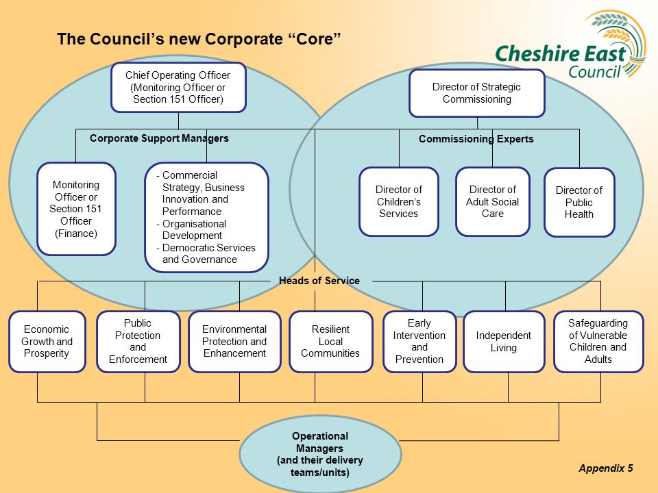 The Council’s new Corporate Core C Monitoring Officer or Section 151 Officer (Finance) -Commercial Strategy, Business Innovation and Performance -Organisational Development -Democratic Services and Governance Chief Operating Officer (Monitoring Officer or Section 151 Officer) Director of Strategic Commissioning Director of Children’s Services Director of Adult Social Care Director of Public Health Commissioning Experts Heads of Service Economic Growth and Prosperity Public Protection and Enforcement Environmental Protection and Enhancement Resilient Local Communities Early Intervention and Prevention Independent Living Safeguarding of Vulnerable Children and Adults Corporate Support Managers Operational Managers (and their delivery teams/units) Appendix 5