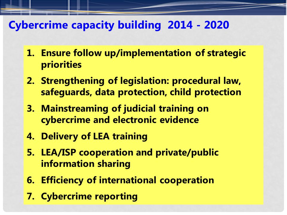 Cybercrime capacity building Ensure follow up/implementation of strategic priorities 2.Strengthening of legislation: procedural law, safeguards, data protection, child protection 3.Mainstreaming of judicial training on cybercrime and electronic evidence 4.Delivery of LEA training 5.LEA/ISP cooperation and private/public information sharing 6.Efficiency of international cooperation 7.Cybercrime reporting