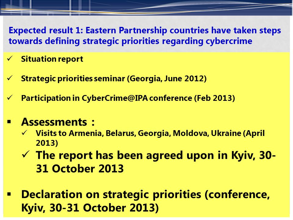 Expected result 1: Eastern Partnership countries have taken steps towards defining strategic priorities regarding cybercrime Situation report Strategic priorities seminar (Georgia, June 2012) Participation in conference (Feb 2013)  Assessments : Visits to Armenia, Belarus, Georgia, Moldova, Ukraine (April 2013) The report has been agreed upon in Kyiv, October 2013  Declaration on strategic priorities (conference, Kyiv, October 2013)