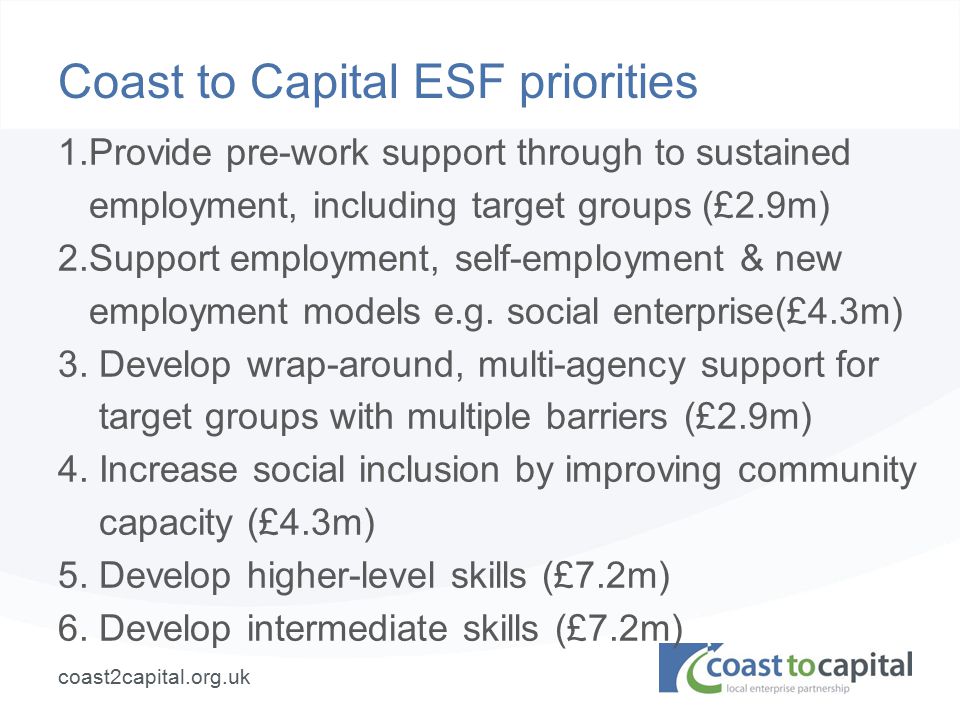 coast2capital.org.uk Coast to Capital ESF priorities 1.Provide pre-work support through to sustained employment, including target groups (£2.9m) 2.Support employment, self-employment & new employment models e.g.