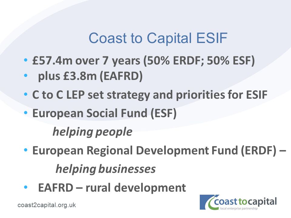 coast2capital.org.uk Coast to Capital ESIF £57.4m over 7 years (50% ERDF; 50% ESF) plus £3.8m (EAFRD) C to C LEP set strategy and priorities for ESIF European Social Fund (ESF) helping people European Regional Development Fund (ERDF) – helping businesses EAFRD – rural development