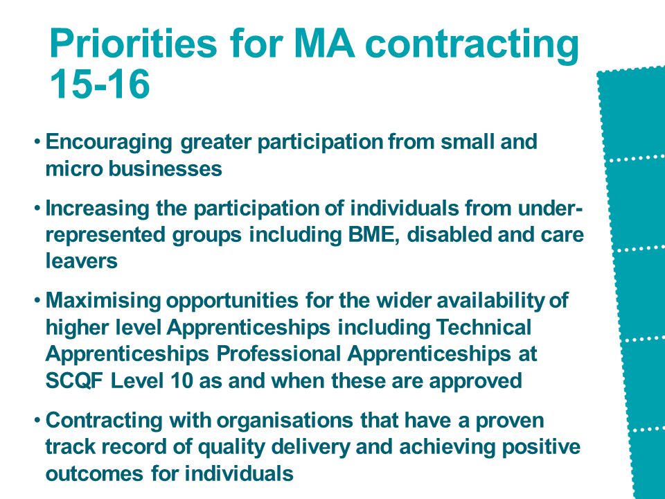 Priorities for MA contracting Encouraging greater participation from small and micro businesses Increasing the participation of individuals from under- represented groups including BME, disabled and care leavers Maximising opportunities for the wider availability of higher level Apprenticeships including Technical Apprenticeships Professional Apprenticeships at SCQF Level 10 as and when these are approved Contracting with organisations that have a proven track record of quality delivery and achieving positive outcomes for individuals