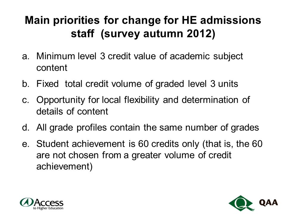 Main priorities for change for HE admissions staff (survey autumn 2012) a.Minimum level 3 credit value of academic subject content b.Fixed total credit volume of graded level 3 units c.Opportunity for local flexibility and determination of details of content d.All grade profiles contain the same number of grades e.Student achievement is 60 credits only (that is, the 60 are not chosen from a greater volume of credit achievement)