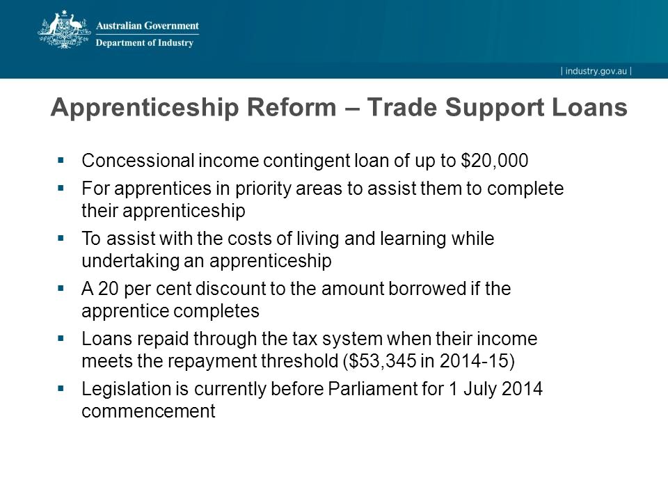  Concessional income contingent loan of up to $20,000  For apprentices in priority areas to assist them to complete their apprenticeship  To assist with the costs of living and learning while undertaking an apprenticeship  A 20 per cent discount to the amount borrowed if the apprentice completes  Loans repaid through the tax system when their income meets the repayment threshold ($53,345 in )  Legislation is currently before Parliament for 1 July 2014 commencement Apprenticeship Reform – Trade Support Loans