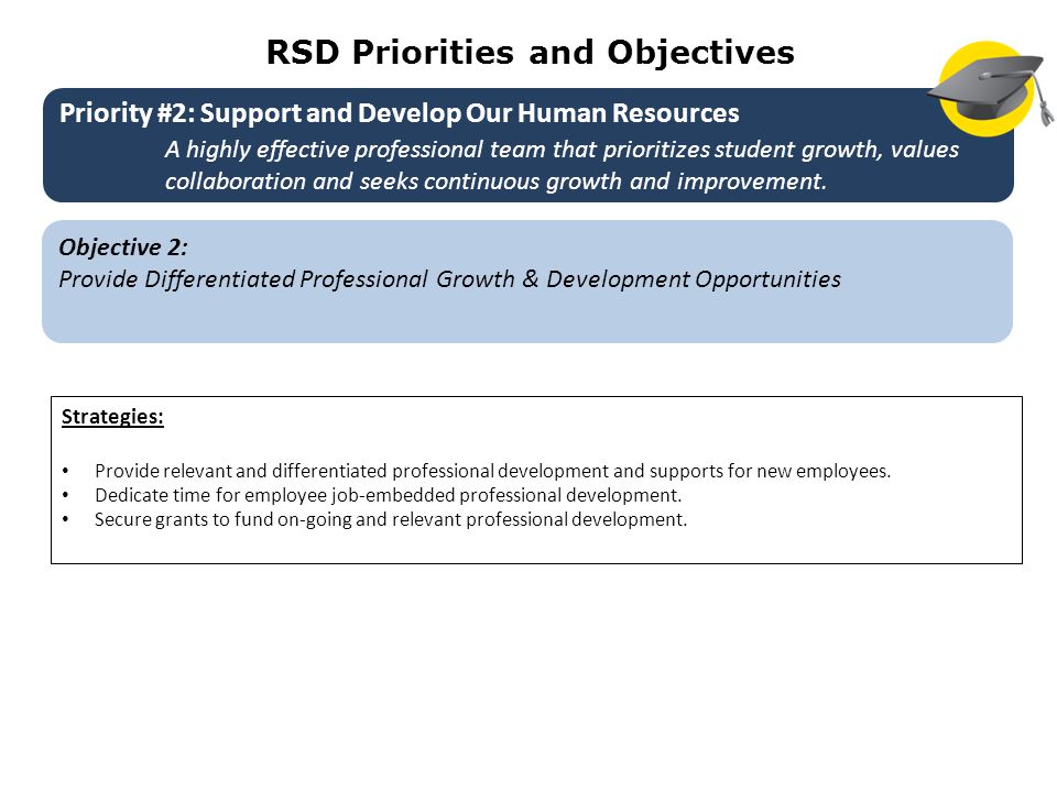 RSD Priorities and Objectives Objective 2: Provide Differentiated Professional Growth & Development Opportunities Strategies: Provide relevant and differentiated professional development and supports for new employees.