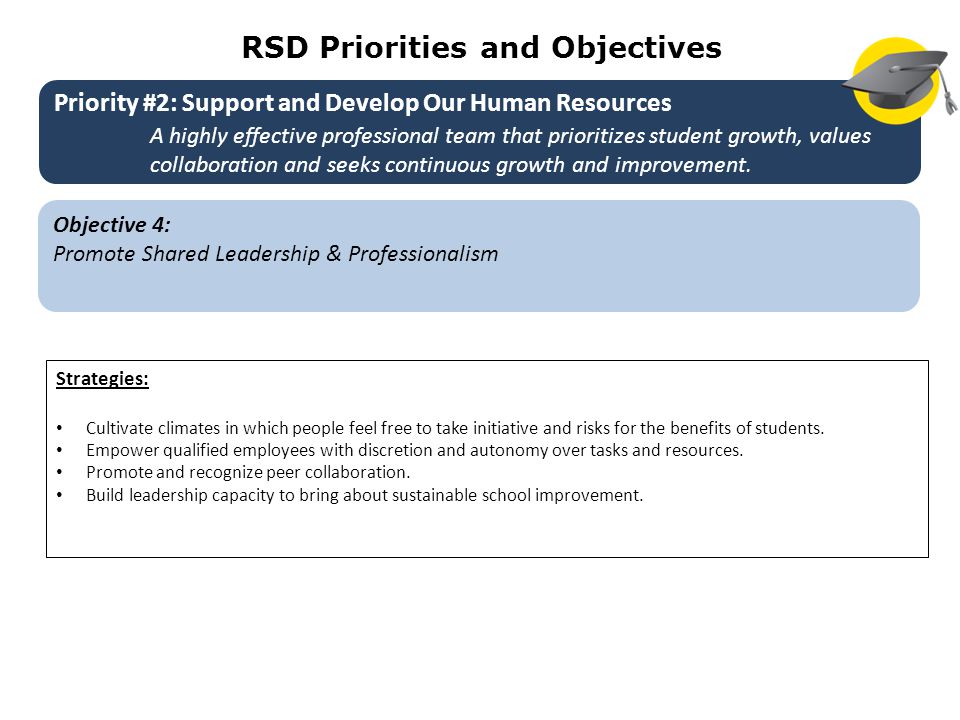 RSD Priorities and Objectives Objective 4: Promote Shared Leadership & Professionalism Strategies: Cultivate climates in which people feel free to take initiative and risks for the benefits of students.