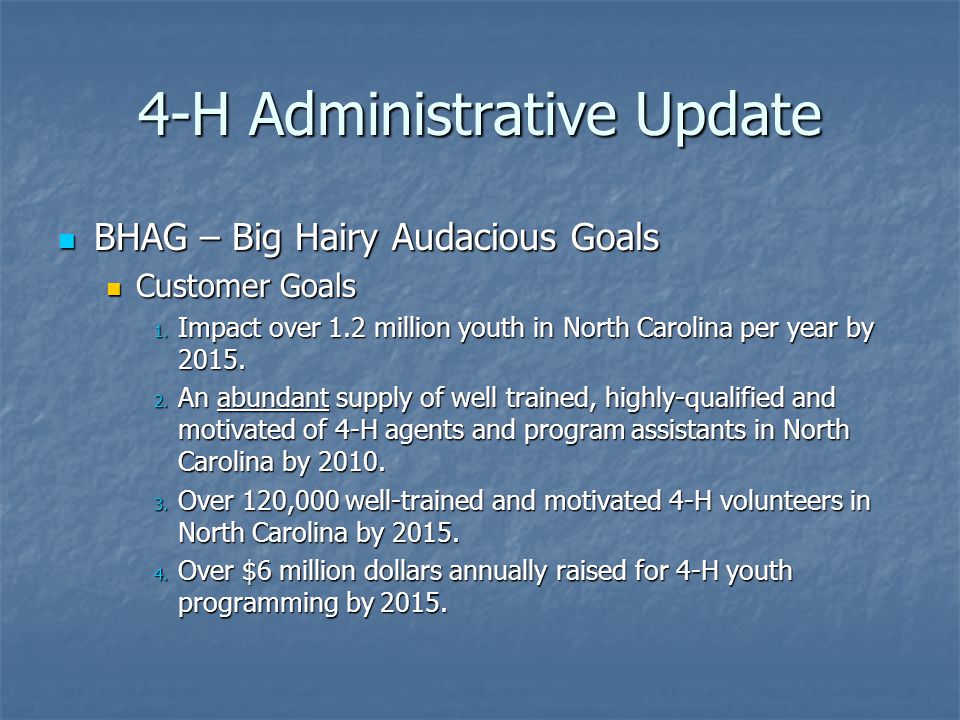 4-H Administrative Update BHAG – Big Hairy Audacious Goals BHAG – Big Hairy Audacious Goals Customer Goals Customer Goals 1.