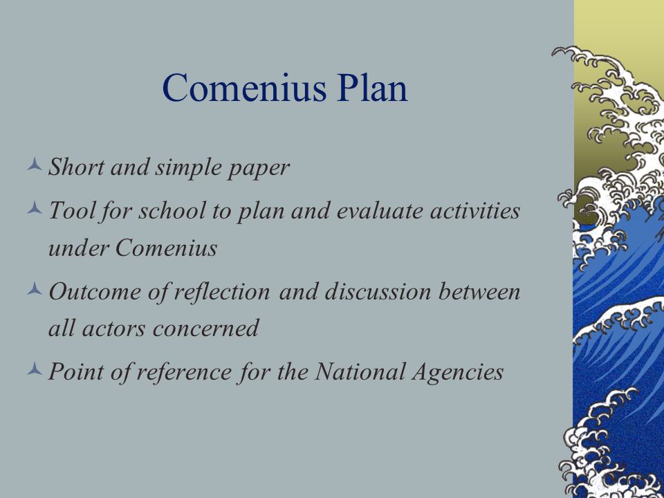 Comenius Plan Short and simple paper Tool for school to plan and evaluate activities under Comenius Outcome of reflection and discussion between all actors concerned Point of reference for the National Agencies