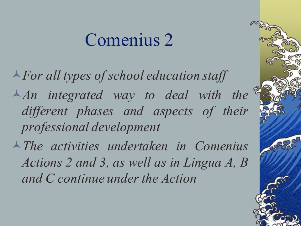 Comenius 2 For all types of school education staff An integrated way to deal with the different phases and aspects of their professional development The activities undertaken in Comenius Actions 2 and 3, as well as in Lingua A, B and C continue under the Action