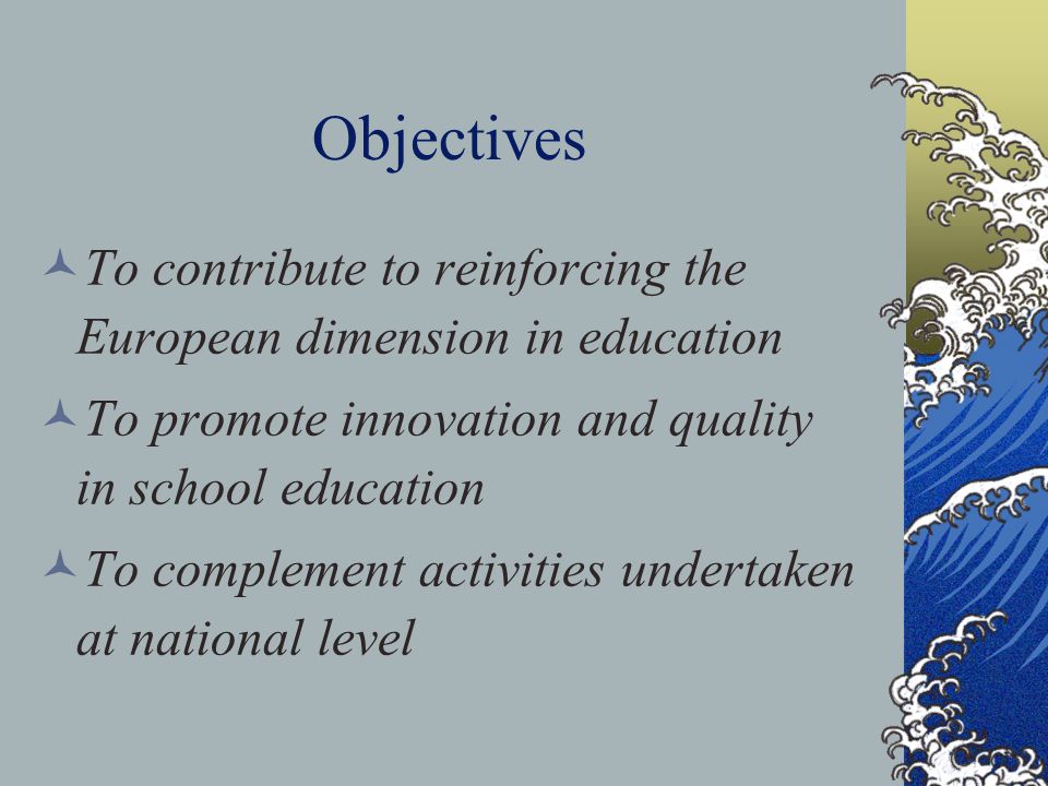 Objectives To contribute to reinforcing the European dimension in education To promote innovation and quality in school education To complement activities undertaken at national level
