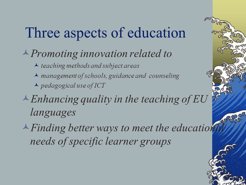 Three aspects of education Promoting innovation related to teaching methods and subject areas management of schools, guidance and counseling pedagogical use of ICT Enhancing quality in the teaching of EU languages Finding better ways to meet the educational needs of specific learner groups