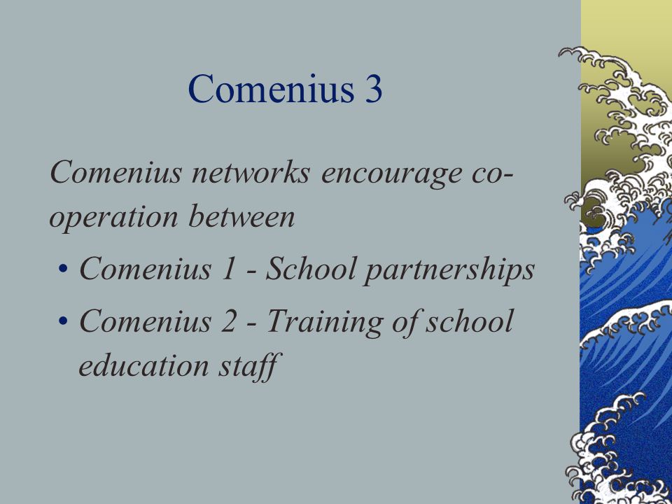 Comenius 3 Comenius networks encourage co- operation between Comenius 1 - School partnerships Comenius 2 - Training of school education staff