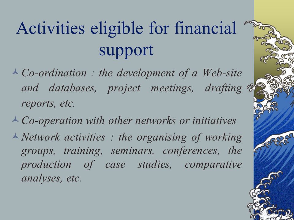 Activities eligible for financial support Co-ordination : the development of a Web-site and databases, project meetings, drafting reports, etc.