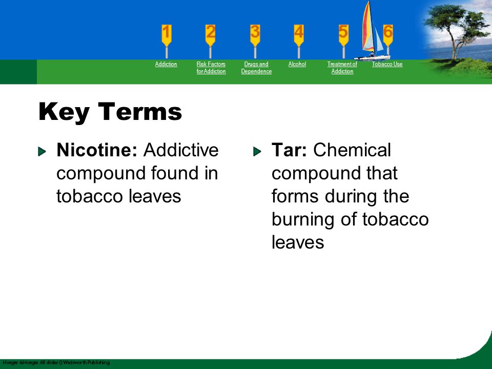 Key Terms Nicotine: Addictive compound found in tobacco leaves Tar: Chemical compound that forms during the burning of tobacco leaves AddictionRisk Factors for Addiction Drugs and Dependence AlcoholTreatment of Addiction Tobacco Use