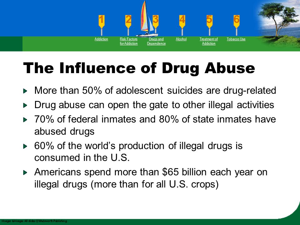 The Influence of Drug Abuse More than 50% of adolescent suicides are drug-related Drug abuse can open the gate to other illegal activities 70% of federal inmates and 80% of state inmates have abused drugs 60% of the world’s production of illegal drugs is consumed in the U.S.