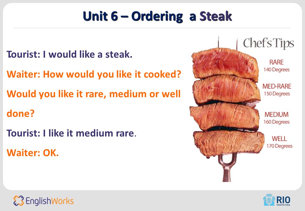 Unit 6 – Ordering a Steak. Tourist: I would like a steak.