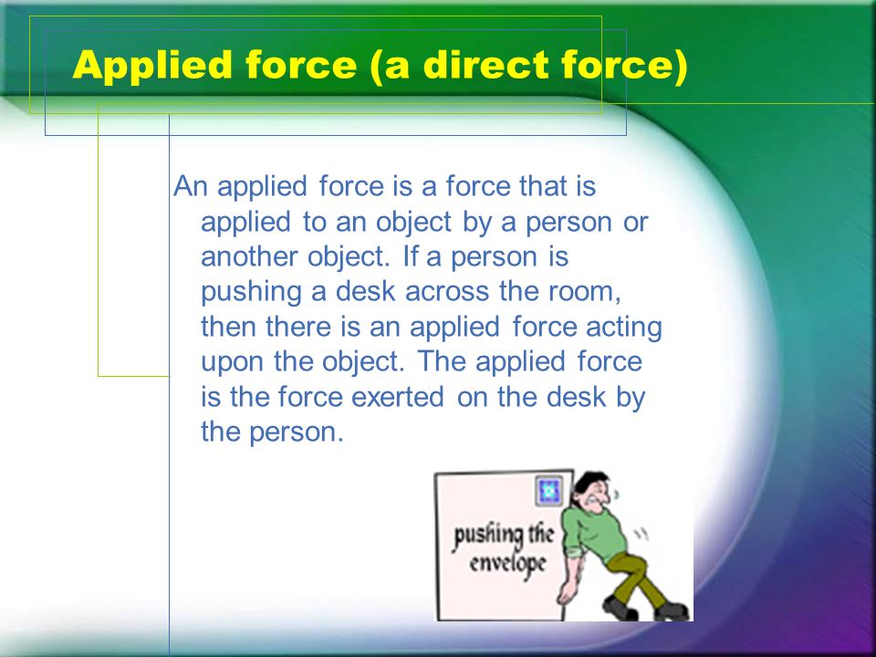 An applied force is a force that is applied to an object by a person or another object.