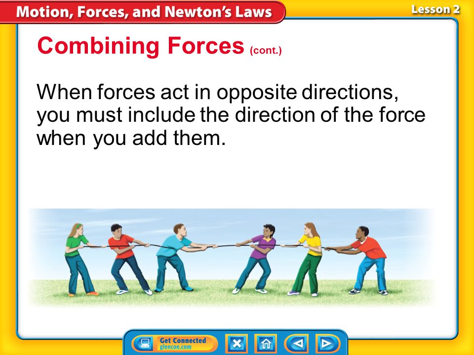 Lesson 2-5 Combining Forces (cont.) When different forces act on an object in the same direction, you can find the net force by adding the forces together.