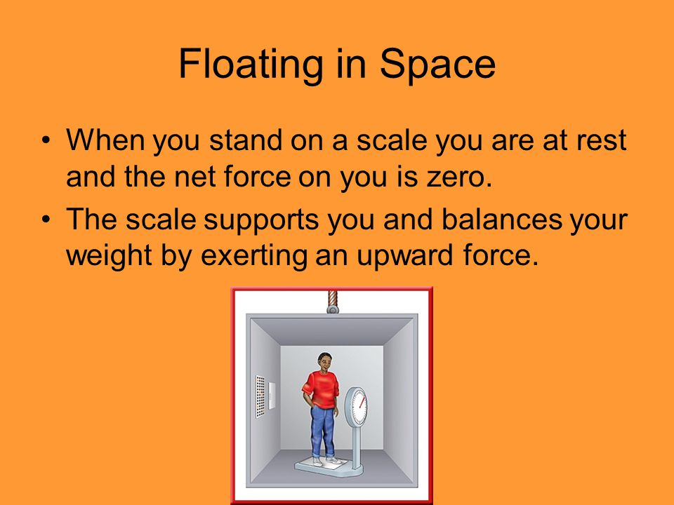 Floating in Space When you stand on a scale you are at rest and the net force on you is zero.