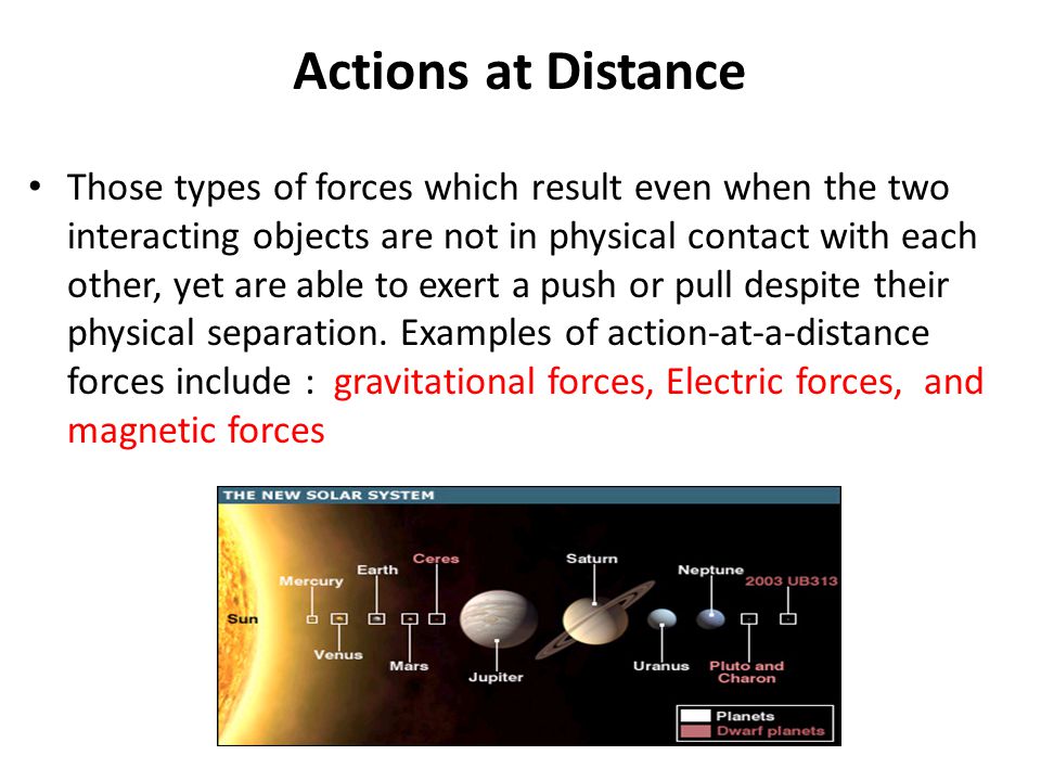 Actions at Distance Those types of forces which result even when the two interacting objects are not in physical contact with each other, yet are able to exert a push or pull despite their physical separation.