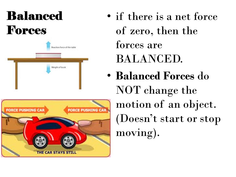 Balanced Forces if there is a net force of zero, then the forces are BALANCED.