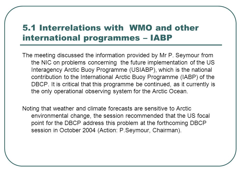 5.1 Interrelations with WMO and other international programmes – IABP The meeting discussed the information provided by Mr P.