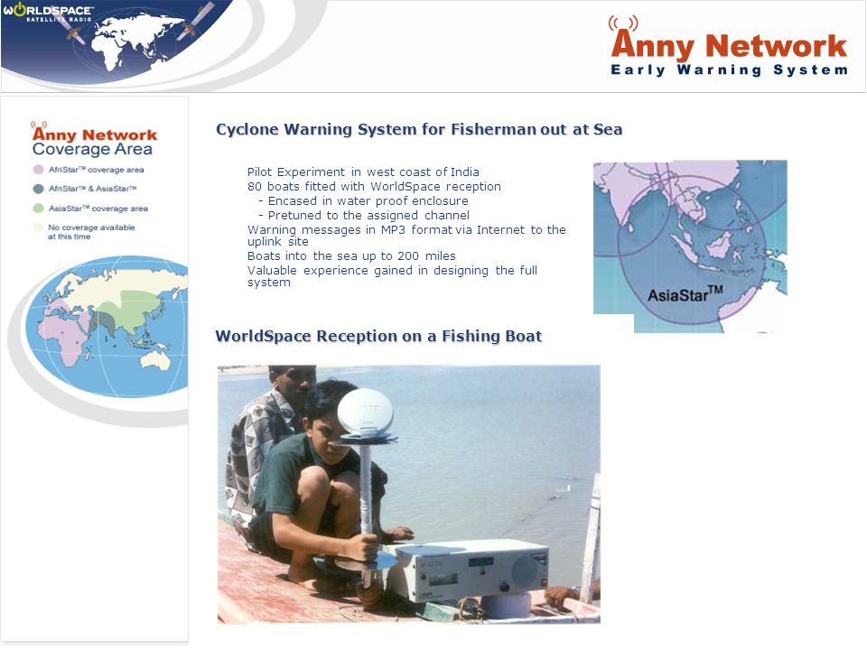 Typical CAP-based Alerting Systems  Pilot Experiment in west coast of India  80 boats fitted with WorldSpace reception - Encased in water proof enclosure - Pretuned to the assigned channel  Warning messages in MP3 format via Internet to the uplink site  Boats into the sea up to 200 miles  Valuable experience gained in designing the full system WorldSpace Reception on a Fishing Boat Cyclone Warning System for Fisherman out at Sea