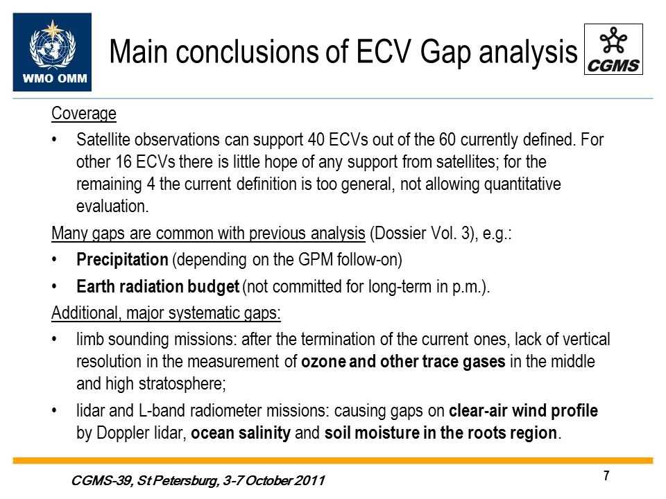 WMO OMM 7 CGMS-39, St Petersburg, 3-7 October 2011 Main conclusions of ECV Gap analysis Coverage Satellite observations can support 40 ECVs out of the 60 currently defined.
