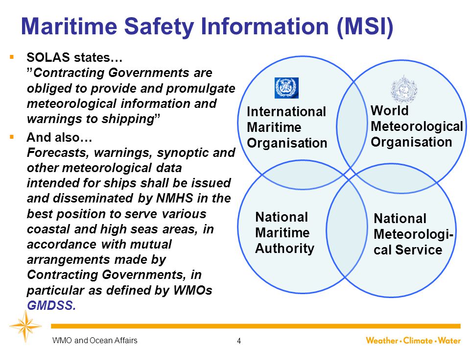 International Maritime Organisation World Meteorological Organisation National Maritime Authority National Meteorologi- cal Service Maritime Safety Information (MSI)  SOLAS states… Contracting Governments are obliged to provide and promulgate meteorological information and warnings to shipping  And also… Forecasts, warnings, synoptic and other meteorological data intended for ships shall be issued and disseminated by NMHS in the best position to serve various coastal and high seas areas, in accordance with mutual arrangements made by Contracting Governments, in particular as defined by WMOs GMDSS.