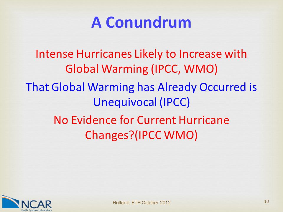 Intense Hurricanes Likely to Increase with Global Warming (IPCC, WMO) That Global Warming has Already Occurred is Unequivocal (IPCC) No Evidence for Current Hurricane Changes (IPCC WMO) Holland, ETH October A Conundrum