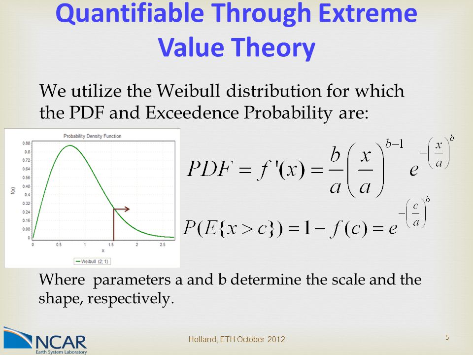 Quantifiable Through Extreme Value Theory We utilize the Weibull distribution for which the PDF and Exceedence Probability are: Where parameters a and b determine the scale and the shape, respectively.