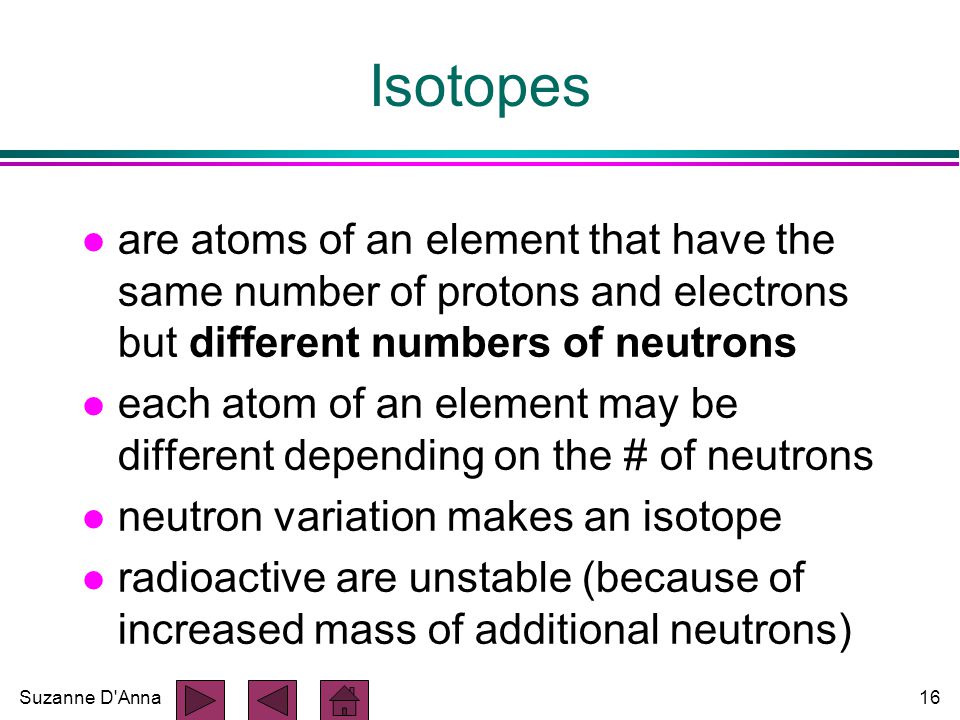 Suzanne D Anna16 Isotopes l are atoms of an element that have the same number of protons and electrons but different numbers of neutrons l each atom of an element may be different depending on the # of neutrons l neutron variation makes an isotope l radioactive are unstable (because of increased mass of additional neutrons)
