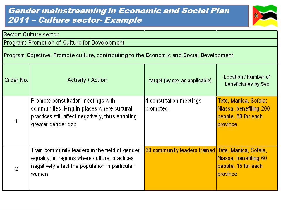 Gender mainstreaming in Economic and Social Plan 2011 – Culture sector- Example