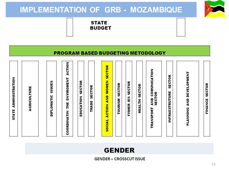 19 GENDER – CROSSCUT ISSUE STATE BUDGET PROGRAM BASED BUDGETING METODOLOGY STATE ADMINISTRATION AGRICULTURE DIPLOMATIC ISSUES COORDINATIN THE ENVIROMENT ACTION EDUCATION SECTOR TRADE SECTOR SOCIAL ACTION AND WOMEN SECTOR TOURISM SECTOR FISHER IES SECTOR HEALTH SECTOR TRANSPORT AND COMUNICATION SECTOR INFRAESTRUTURE SECTOR PLANNING AND DEVELOPMENT FINANCE SECTOR GENDER IMPLEMENTATION OF GRB - MOZAMBIQUE