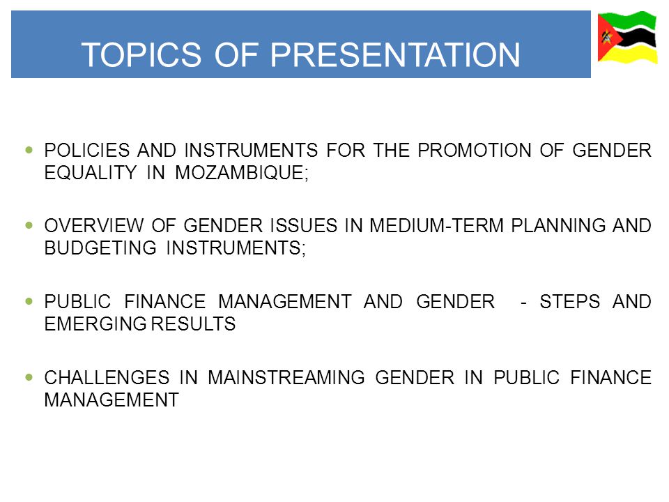 POLICIES AND INSTRUMENTS FOR THE PROMOTION OF GENDER EQUALITY IN MOZAMBIQUE; OVERVIEW OF GENDER ISSUES IN MEDIUM-TERM PLANNING AND BUDGETING INSTRUMENTS; PUBLIC FINANCE MANAGEMENT AND GENDER - STEPS AND EMERGING RESULTS CHALLENGES IN MAINSTREAMING GENDER IN PUBLIC FINANCE MANAGEMENT TOPICS OF PRESENTATION