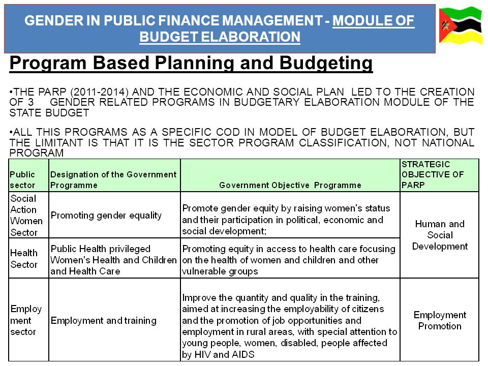 GENDER IN PUBLIC FINANCE MANAGEMENT - MODULE OF BUDGET ELABORATION Program Based Planning and Budgeting THE PARP ( ) AND THE ECONOMIC AND SOCIAL PLAN LED TO THE CREATION OF 3 GENDER RELATED PROGRAMS IN BUDGETARY ELABORATION MODULE OF THE STATE BUDGET ALL THIS PROGRAMS AS A SPECIFIC COD IN MODEL OF BUDGET ELABORATION, BUT THE LIMITANT IS THAT IT IS THE SECTOR PROGRAM CLASSIFICATION, NOT NATIONAL PROGRAM