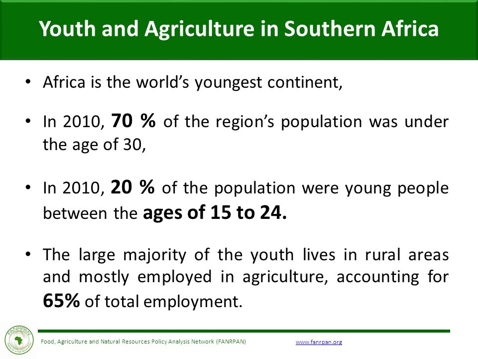 Food, Agriculture and Natural Resources Policy Analysis Network (FANRPAN) Youth and Agriculture in Southern Africa Africa is the world’s youngest continent, In 2010, 70 % of the region’s population was under the age of 30, In 2010, 20 % of the population were young people between the ages of 15 to 24.