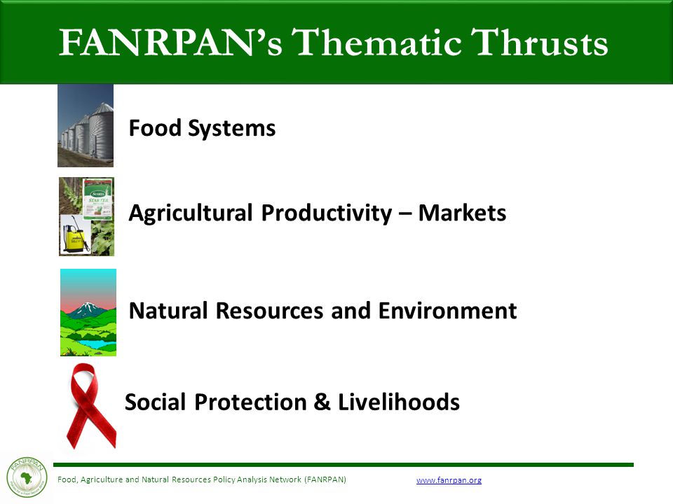 Food, Agriculture and Natural Resources Policy Analysis Network (FANRPAN) FANRPAN’s Thematic Thrusts Social Protection & Livelihoods Food Systems Agricultural Productivity – Markets Natural Resources and Environment