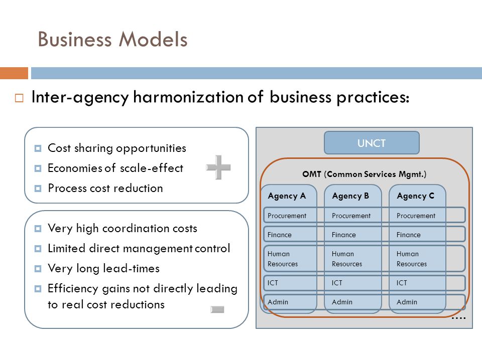 Business Models  Inter-agency harmonization of business practices:  Cost sharing opportunities  Economies of scale-effect  Process cost reduction  Very high coordination costs  Limited direct management control  Very long lead-times  Efficiency gains not directly leading to real cost reductions.