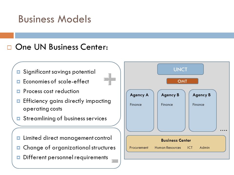 Business Models  One UN Business Center:  Significant savings potential  Economies of scale-effect  Process cost reduction  Efficiency gains directly impacting operating costs  Streamlining of business services  Limited direct management control  Change of organizational structures  Different personnel requirements.