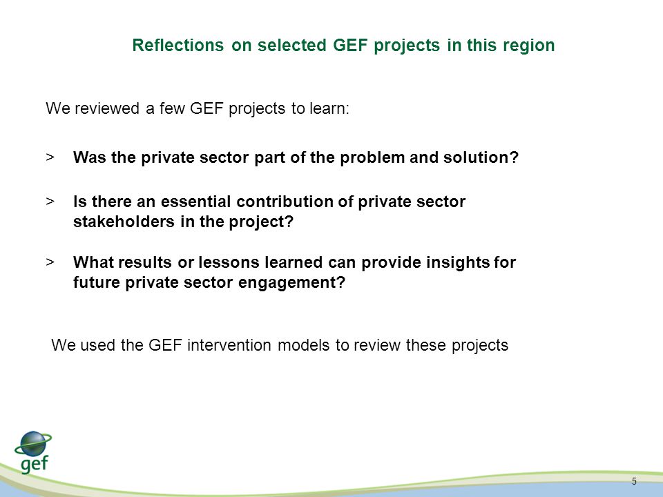 5 Reflections on selected GEF projects in this region We reviewed a few GEF projects to learn: Was the private sector part of the problem and solution.