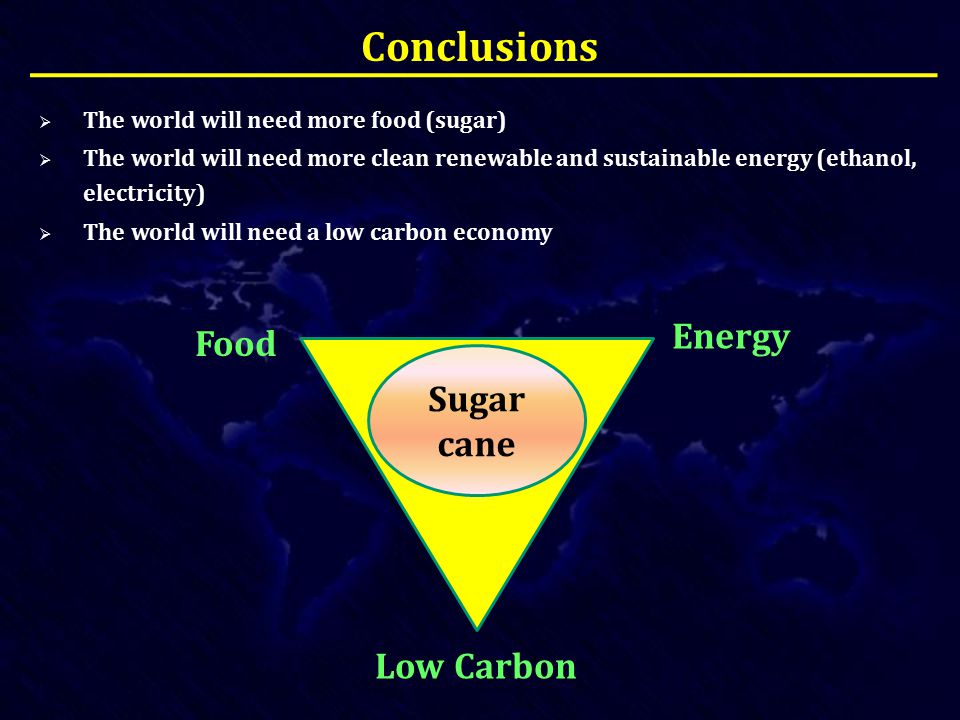 Conclusions  The world will need more food (sugar)  The world will need more clean renewable and sustainable energy (ethanol, electricity)  The world will need a low carbon economy Food Energy Low Carbon Sugar cane